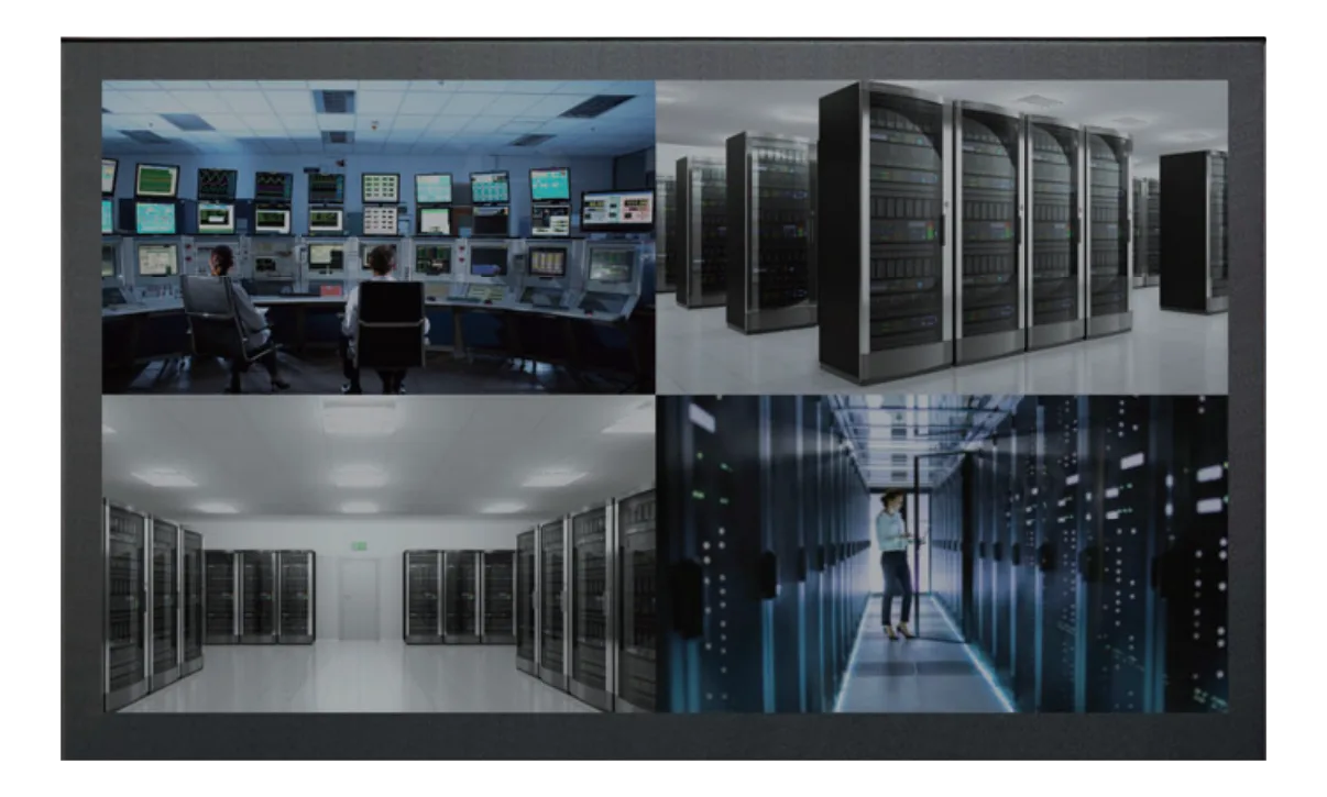 Monitor Austin Hughes DP-F27 con schermo diviso in quattro riquadri: sala di controllo con operatori, due file di rack server e un corridoio di data center con una persona
