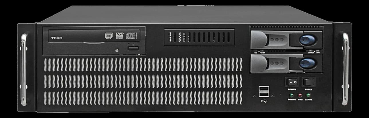 Chassis rack 3U GO-353-WS con lettore ottico TEAC, due cassetti hard disk removibili e pannello anteriore con USB, power e reset