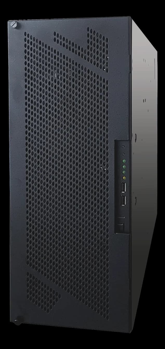 Case server industriale nero con pannello frontale forato, pulsanti, LED di stato e porte USB