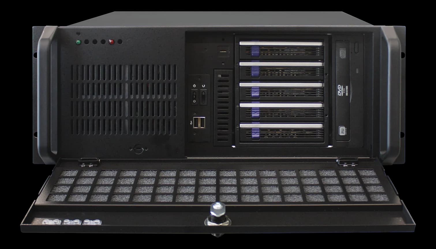 Server rack GO-411ATXR-IPC con cinque vani hard disk, lettore DVD e sportello anteriore aperto