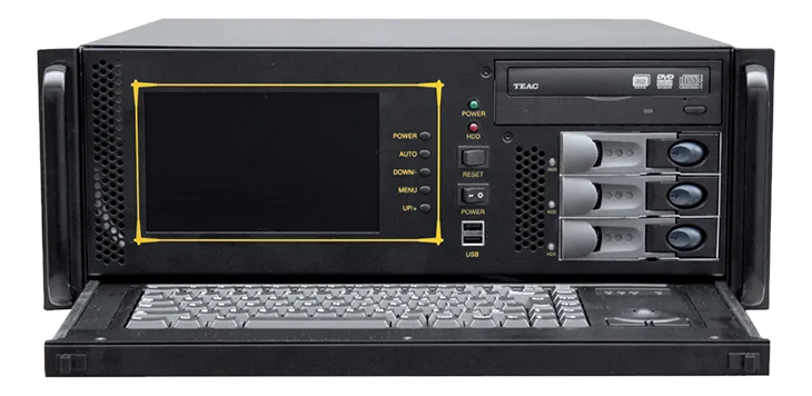 Case rack GO-M41ATX-WS con display, pulsanti frontali, unità DVD, tre baie hard disk e tastiera estraibile
