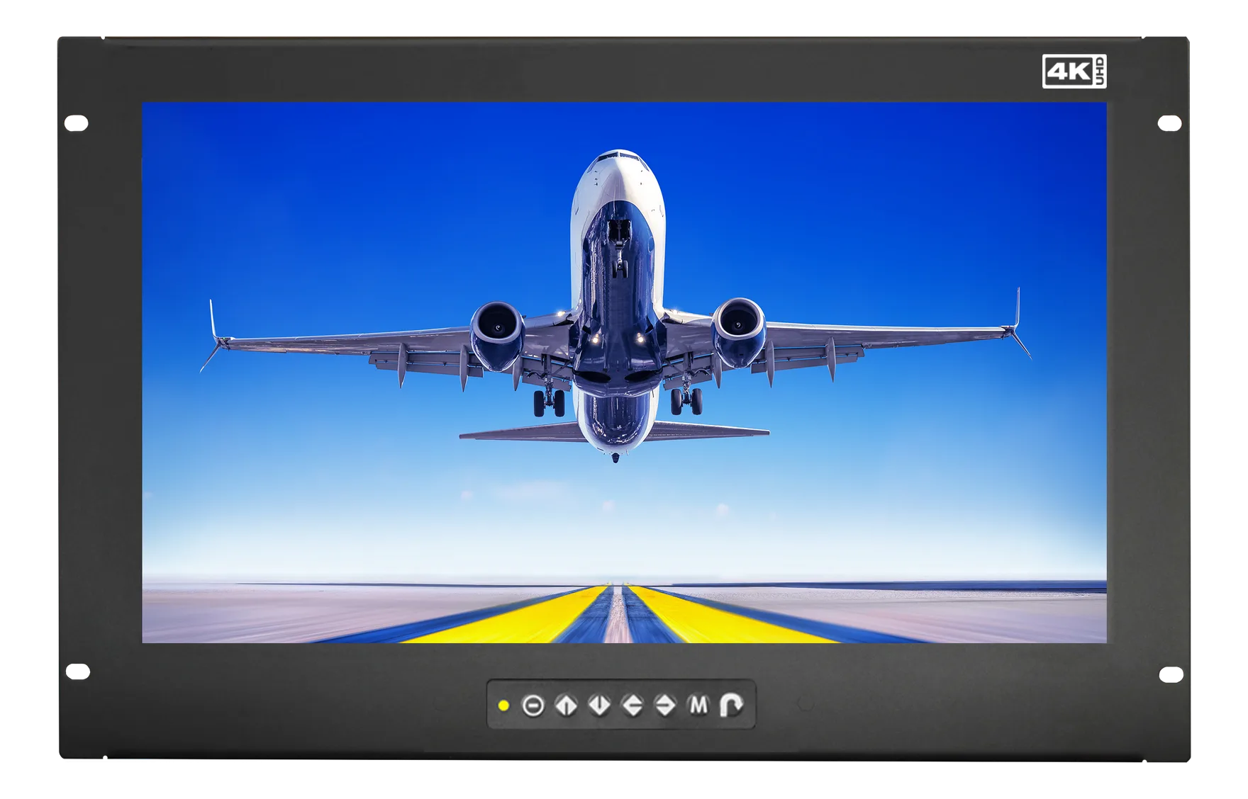 Monitor rackmount Austin Hughes RP-K719 con cornice nera, staffe laterali, logo 4K UHD e pulsanti di controllo, che mostra un aereo di linea in decollo