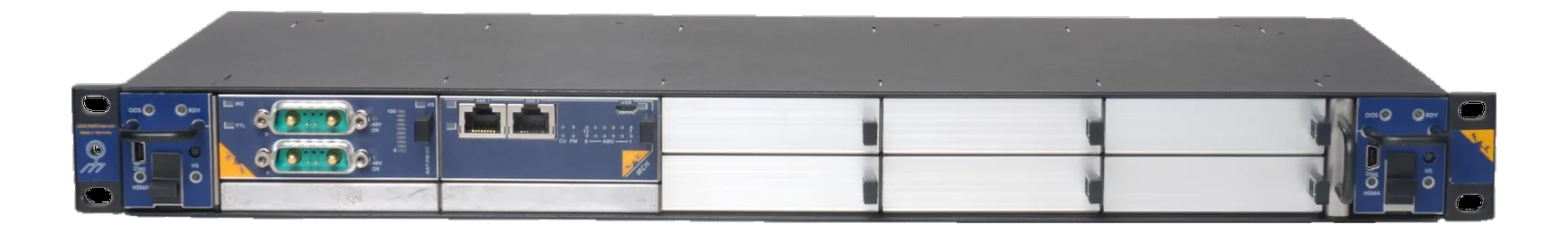 Chassis MicroTCA NATIVE-C1 1U con moduli MCH, slot AMC vuoti e pannelli laterali OOS/RDY