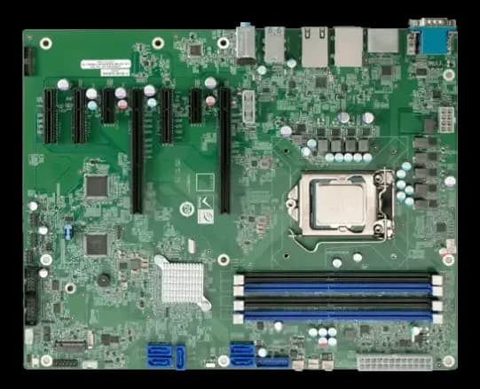 Scheda madre ATX IMBA-Q471 con socket CPU, slot RAM, slot di espansione e connettori I/O posteriori