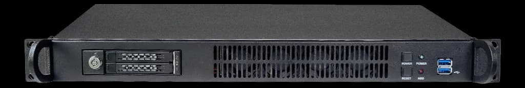 Server rack 1U GO-108A-IPC con due vani hot-swap per dischi e pannello frontale con pulsanti power/reset e porte USB