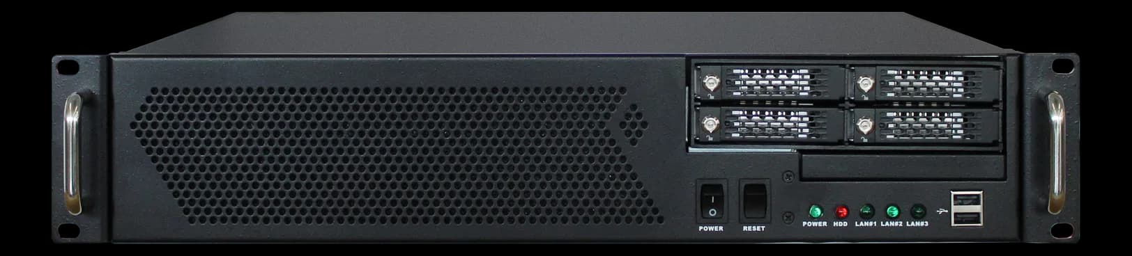 Server rack GO-252V-FLEX-WS con quattro alloggiamenti hot-swap per hard disk e pannello frontale con LED e porte USB