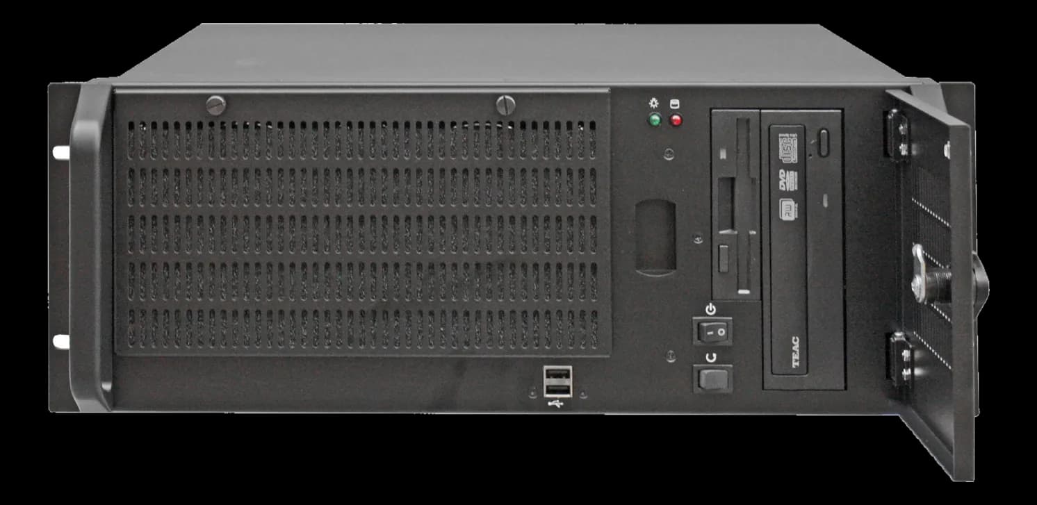 Server rack industriale GOI-400-1-SRV, pannello frontale con drive DVD-RW, floppy, USB e tasti di accensione, sportello laterale apribile