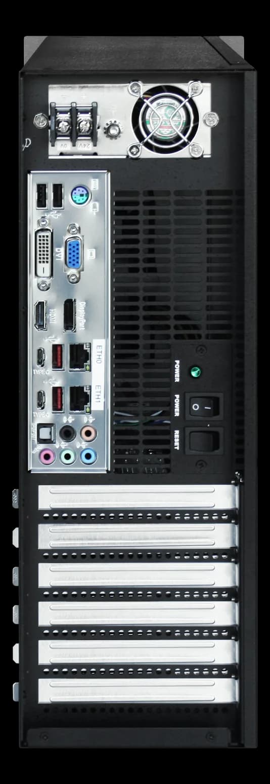Pannello posteriore di PC industriale GO-B03-IPC con connettori USB, DVI, VGA, HDMI, DisplayPort, LAN, audio e slot di espansione