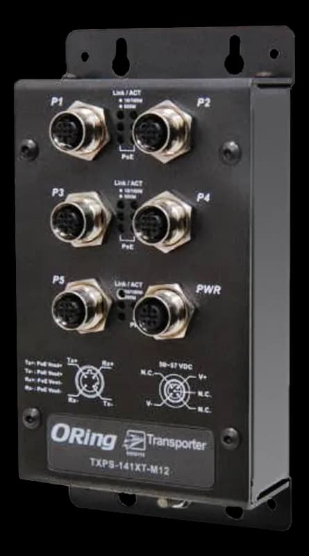 Switch industriale ORing TXPS-141XT-M12 con connettori M12 per porte P1-P5, PoE e alimentazione, staffe di montaggio