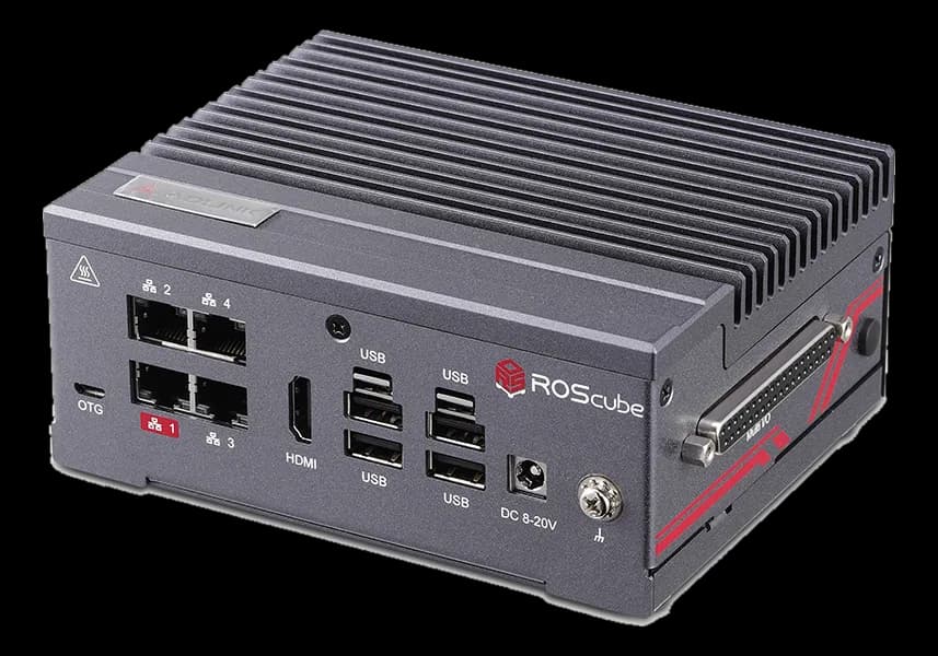 ADLINK ROScube NPN-1B con dissipatore alettato, porte Ethernet, USB, HDMI, connettore multipolare e alimentazione DC 8-20V