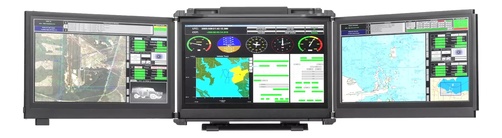 Sistema portatile Acme Portable BCCD 17 con tre schermi ripiegabili che mostrano mappe, strumenti di volo e dati di missione
