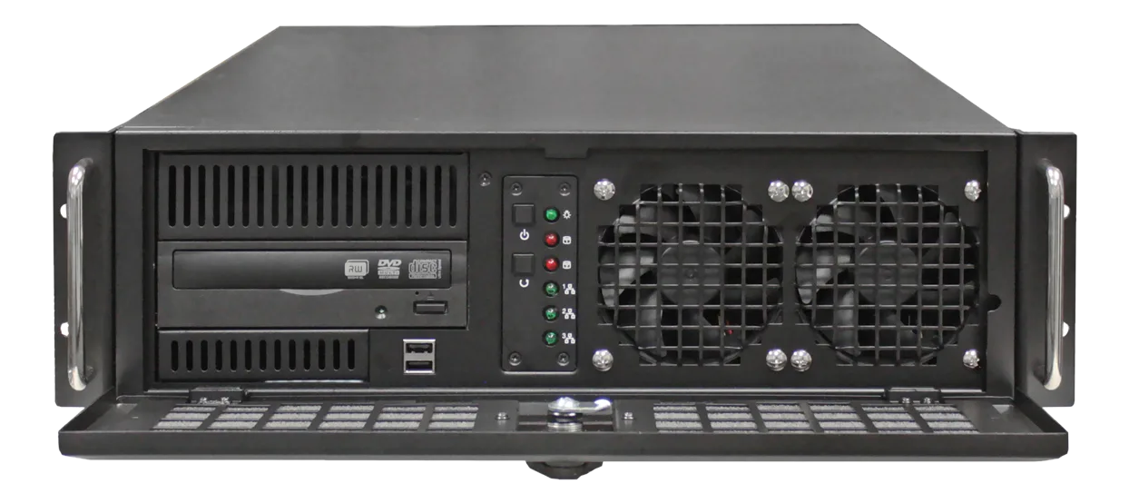 Chassis rack industriale GOMA ELETTRONICA GO-312-SRV, vista frontale con due ventole, lettore ottico e pannello controlli