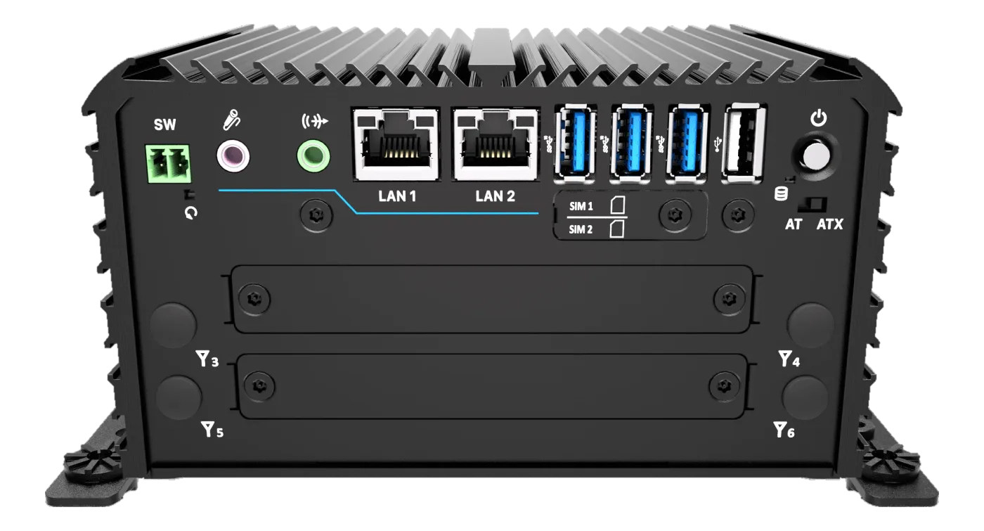 Pannello posteriore Premio RCO-1000-ASL-30 con LAN 1, LAN 2, porte USB, jack audio e slot SIM
