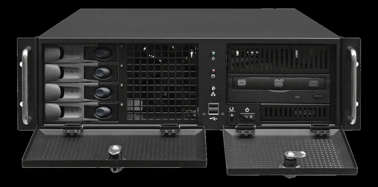 Chassis rack industriale GOMA ELETTRONICA GO-314-SRV con quattro cassetti hot-swap, lettore DVD e pannello controlli frontale