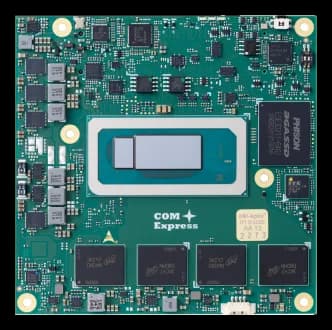Modulo COM Express con connettore centrale, chip di memoria e componenti SMD su circuito verde