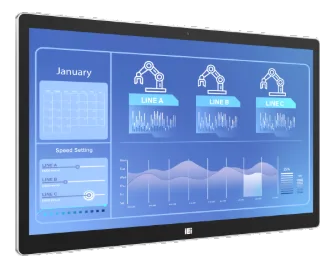 Panel PC industriale IEI DM2-W270P visto di lato con schermo touch che mostra grafici e dati di produzione