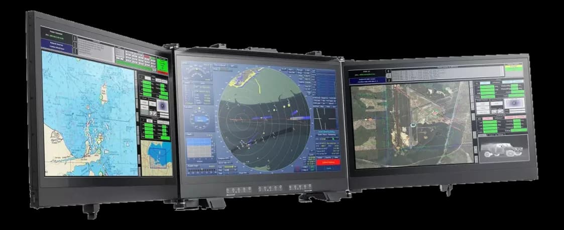 Console portatile Acme BCCD 24 con tre display ripiegabili che mostrano mappe radar e video di sorveglianza