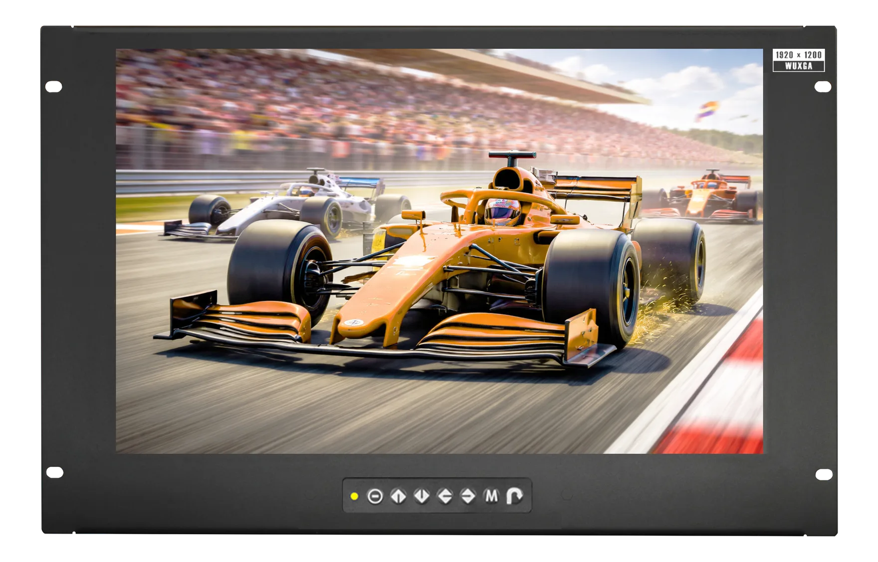 Monitor Austin Hughes RP-X719 per rack con pannello frontale nero, schermo che mostra auto da corsa arancione, pulsanti di controllo in basso e etichetta 1920 x 1200 WUXGA