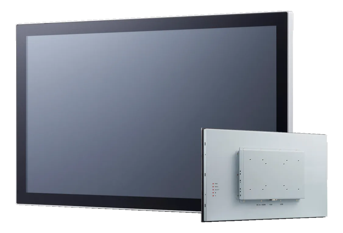 Monitor touchscreen industriale ADLINK OM-320 frontale e retro con connettori DC-in, HDMI, VGA e USB
