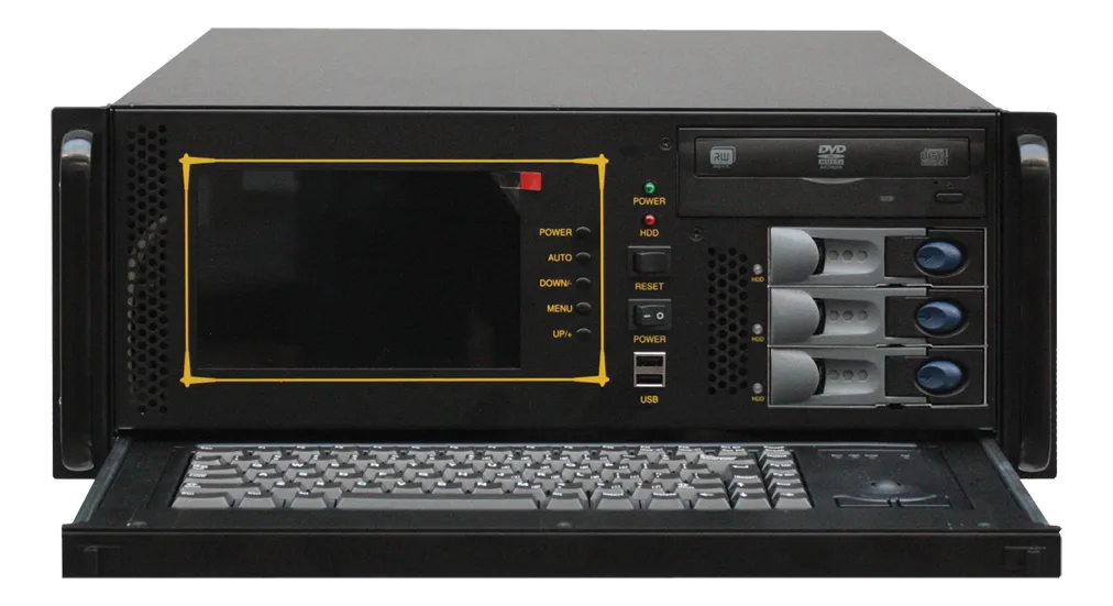 Case rack industriale GO-M41ATX-IPC con schermo LCD, pulsanti frontali, lettore DVD, tre cassetti hard disk e tastiera estraibile