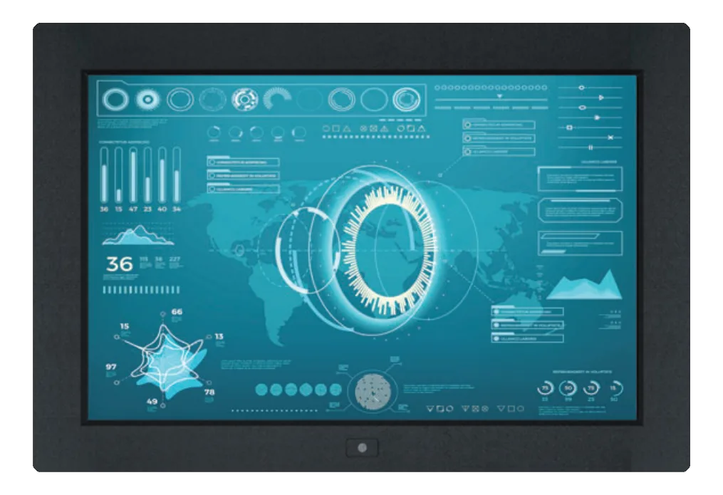 Monitor industriale Austin Hughes AP-X19 con cornice nera e schermo che mostra un'interfaccia grafica blu con mappa del mondo, anelli luminosi, grafici e indicatori