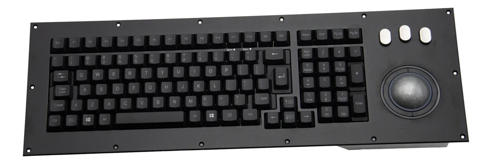 Tastiera industriale nera con trackball integrata e tre pulsanti chiari sul lato destro del pannello