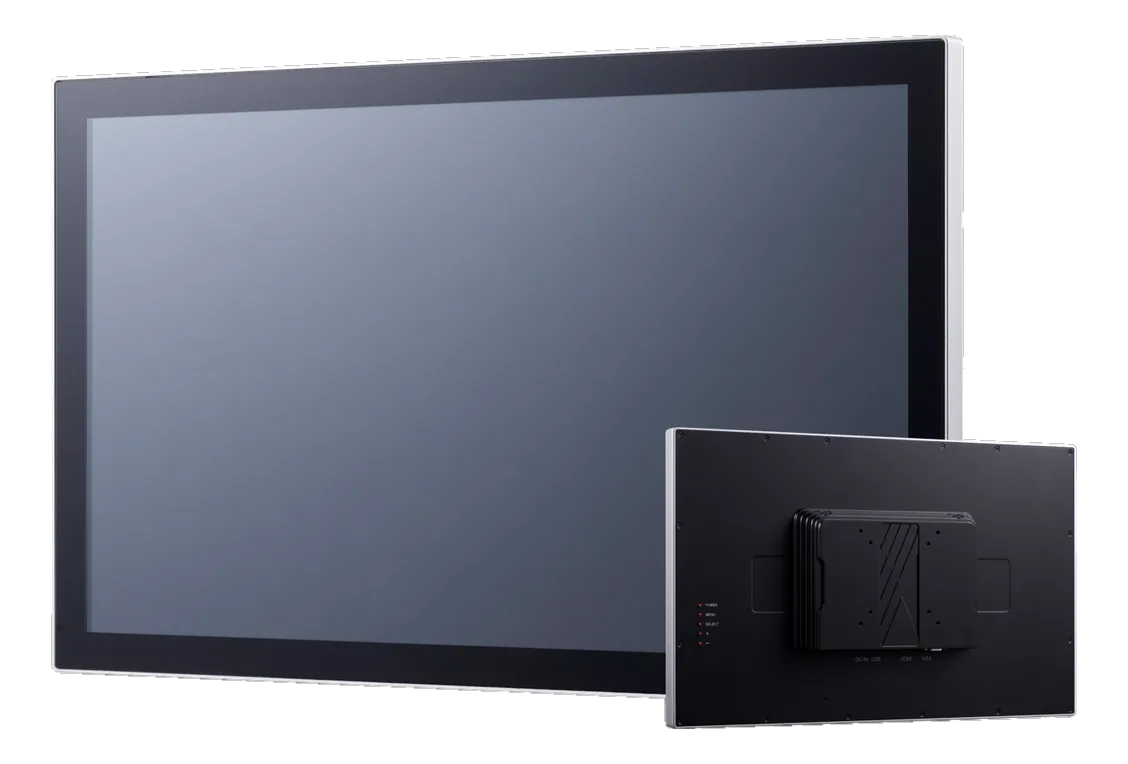 Monitor touchscreen industriale ADLINK IM-150 visto frontalmente e sul retro con supporto VESA e connettori DC-IN, USB, HDMI, VGA