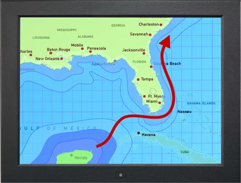 Monitor industriale DP-19 con schermo che mostra una mappa meteo del Golfo del Messico e traiettoria di un uragano