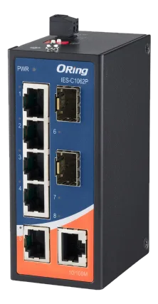 Switch Ethernet industriale ORing IES-C1062P con custodia nera, pannello frontale blu e arancione, porte RJ45, due slot per ricetrasmettitori e morsettiera superiore