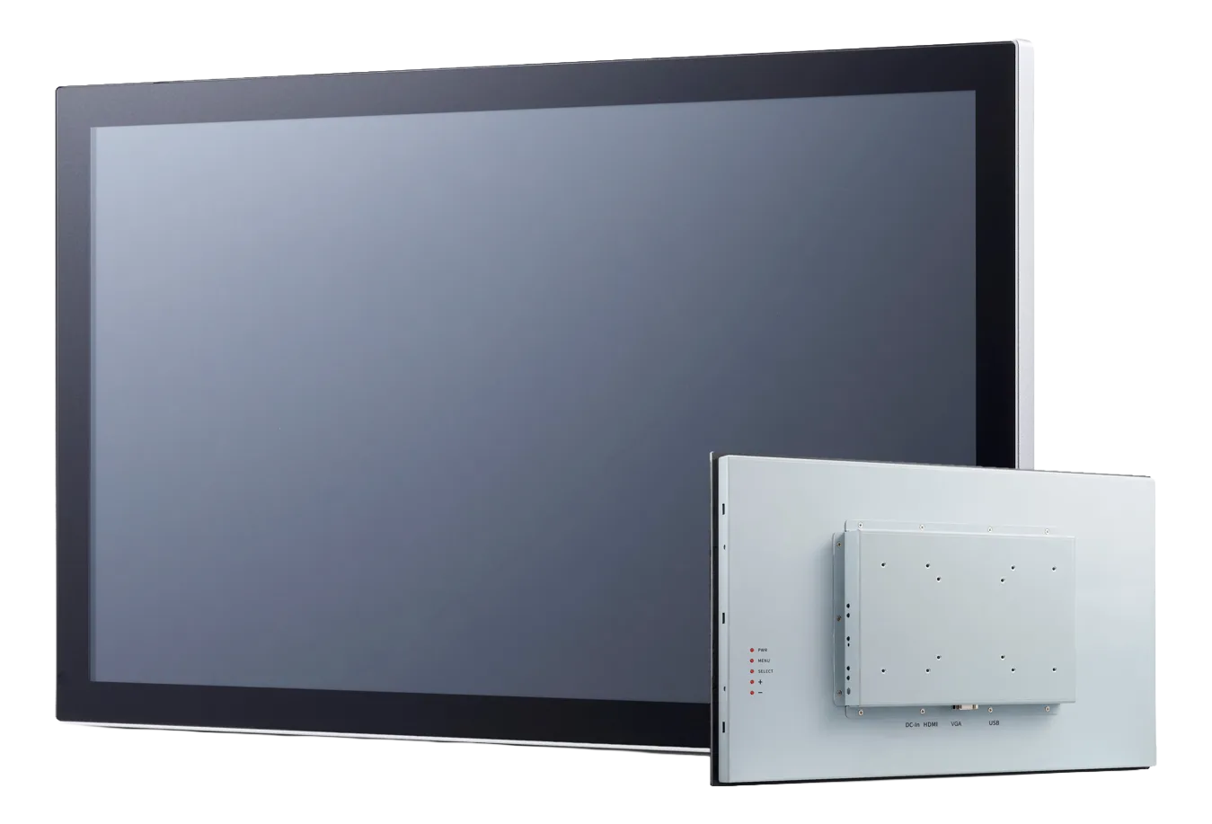 Monitor industriale ADLINK OM-215H visto frontalmente con cornice nera e, in primo piano a destra, il retro con piastra di montaggio, pulsanti e porte DC-In, HDMI, VGA e USB