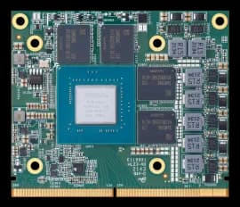 Modulo ADLINK EGX-MXM-AD2000 con connettore edge dorato, chip centrale e componenti SMD su scheda verde