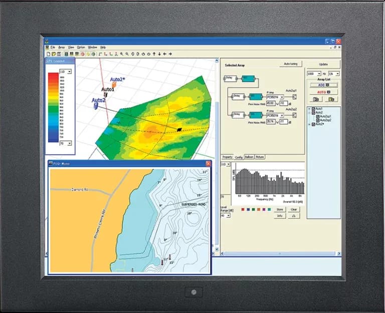 Monitor industriale Austin Hughes HOP-17 con schermo che mostra mappe e grafici di analisi acustica