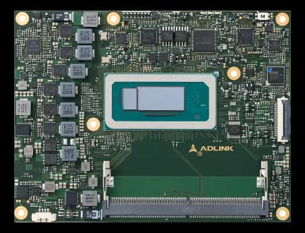 Scheda Computer-on-Module ADLINK Express-RLP con CPU centrale, slot di espansione e viti di fissaggio dorate