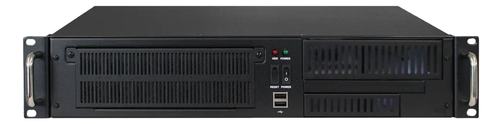Server rack GOMA ELETTRONICA GO-214V-SRV vista frontale con maniglie, pannello LED, USB e griglie di ventilazione