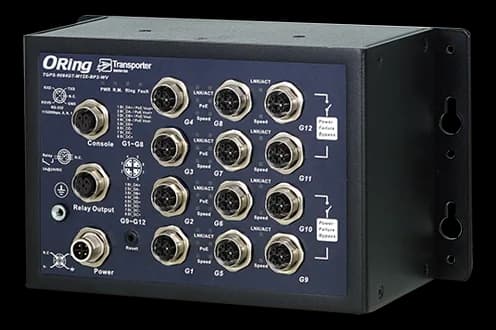 Switch Ethernet industriale ORing TGPS-9084GT-M12X-BP2-WV con pannello frontale blu, dodici porte circolari M12, connettori Console, Relay Output e Power, staffe di fissaggio laterali