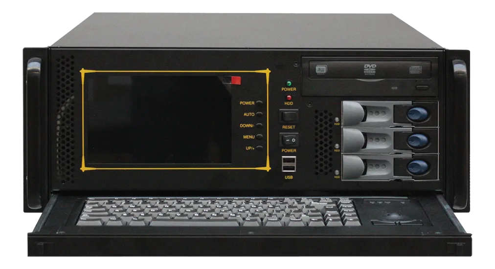 Server rack GOMA GO-M41ATX-SRV, vista frontale con schermo LCD, unità DVD, tre baie hard disk removibili e tastiera estraibile