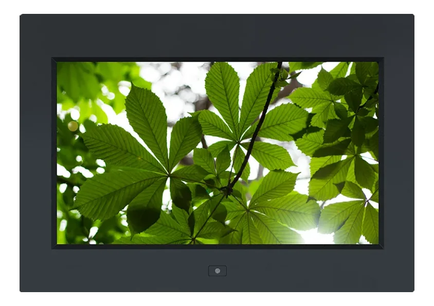 Monitor industriale Austin Hughes OP-F17 con schermo che mostra foglie verdi illuminate dal sole
