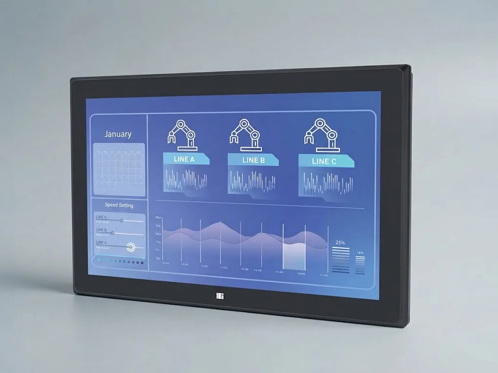 Panel PC industriale con schermo touch che mostra il cruscotto di una linea di produzione