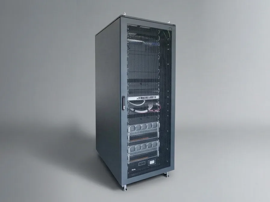 19-inch rack cabinet with a perforated door, wired with switches and servers