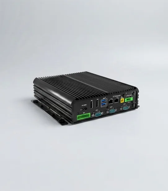 Fanless embedded computer with a finned heatsink and serial, USB and Ethernet ports on the front