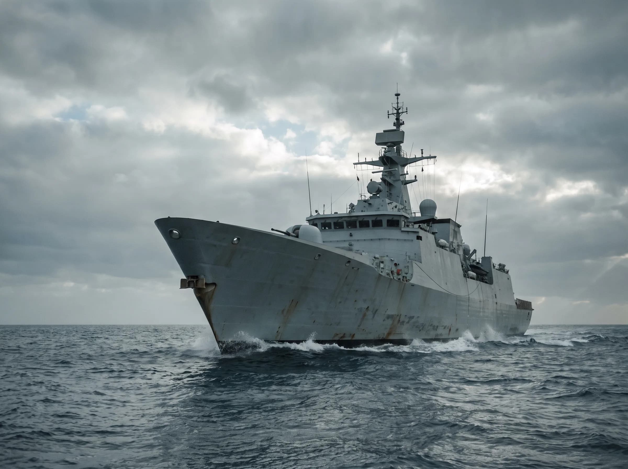 Nave militare ormeggiata, sistemi di bordo in primo piano
