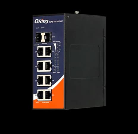 IGPS-1082GP-BT industrial Ethernet switch in a black housing, with eight RJ45 ports, SFP slot and LED indicators on the front