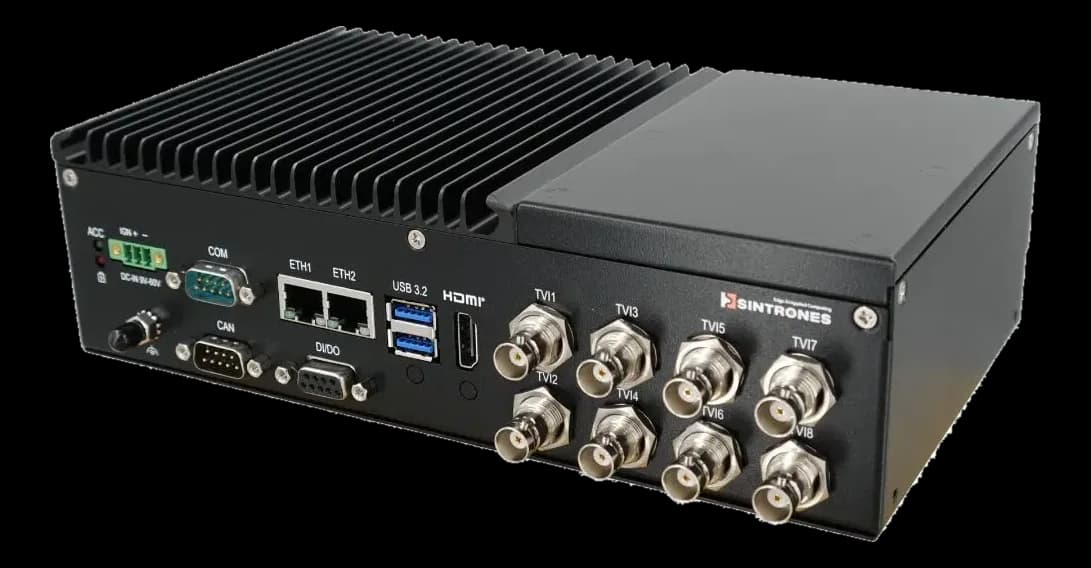Sintrones IBOX-601-TVI8 vista laterale con dissipatore alettato, porte ETH1 ETH2, USB 3.2, HDMI e otto connettori BNC TVI1-TVI8