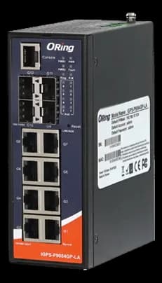 Switch ORing IGPS-P9084GP-LA per guida DIN con otto porte RJ45 PoE e quattro alloggiamenti SFP