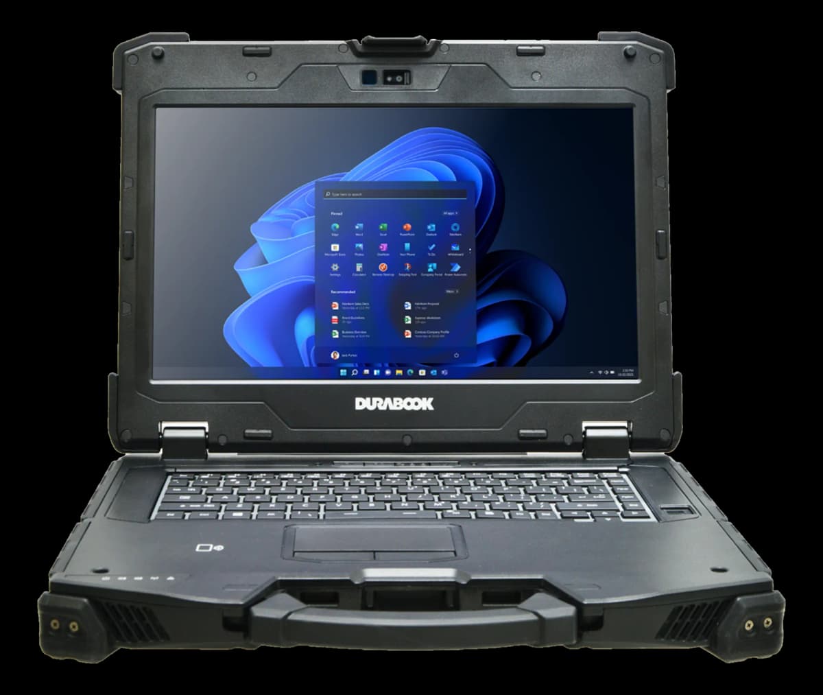 Notebook rugged Durabook Z14I aperto, con display da 14 pollici, tastiera retroilluminata e maniglia frontale