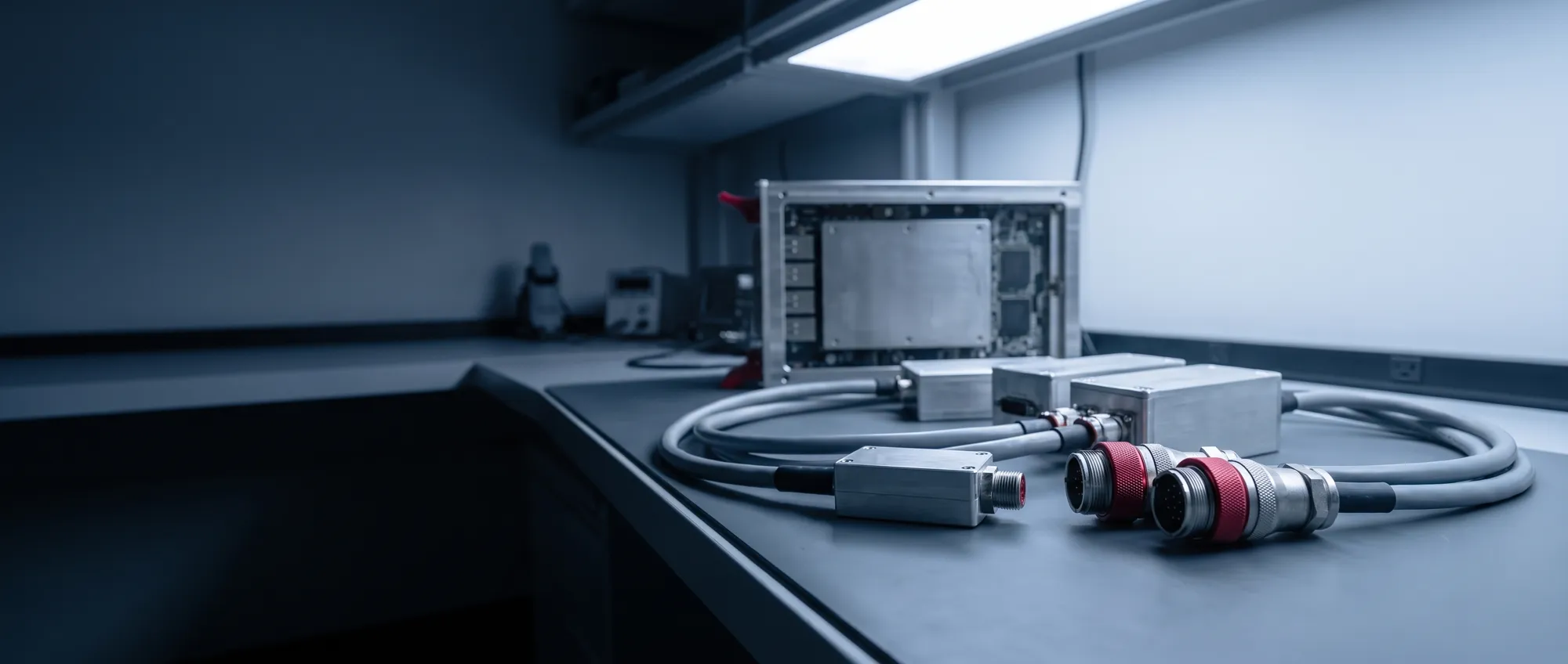 Connettori circolari con anelli rossi e cavi collegati a un sistema elettronico rugged su banco da laboratorio