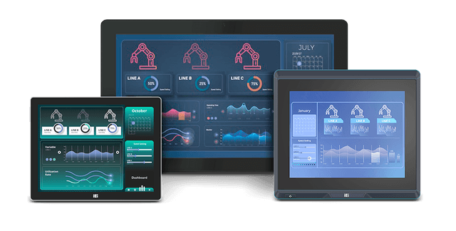 Tre panel PC industriali di diagonali diverse con dashboard di supervisione di linea a schermo