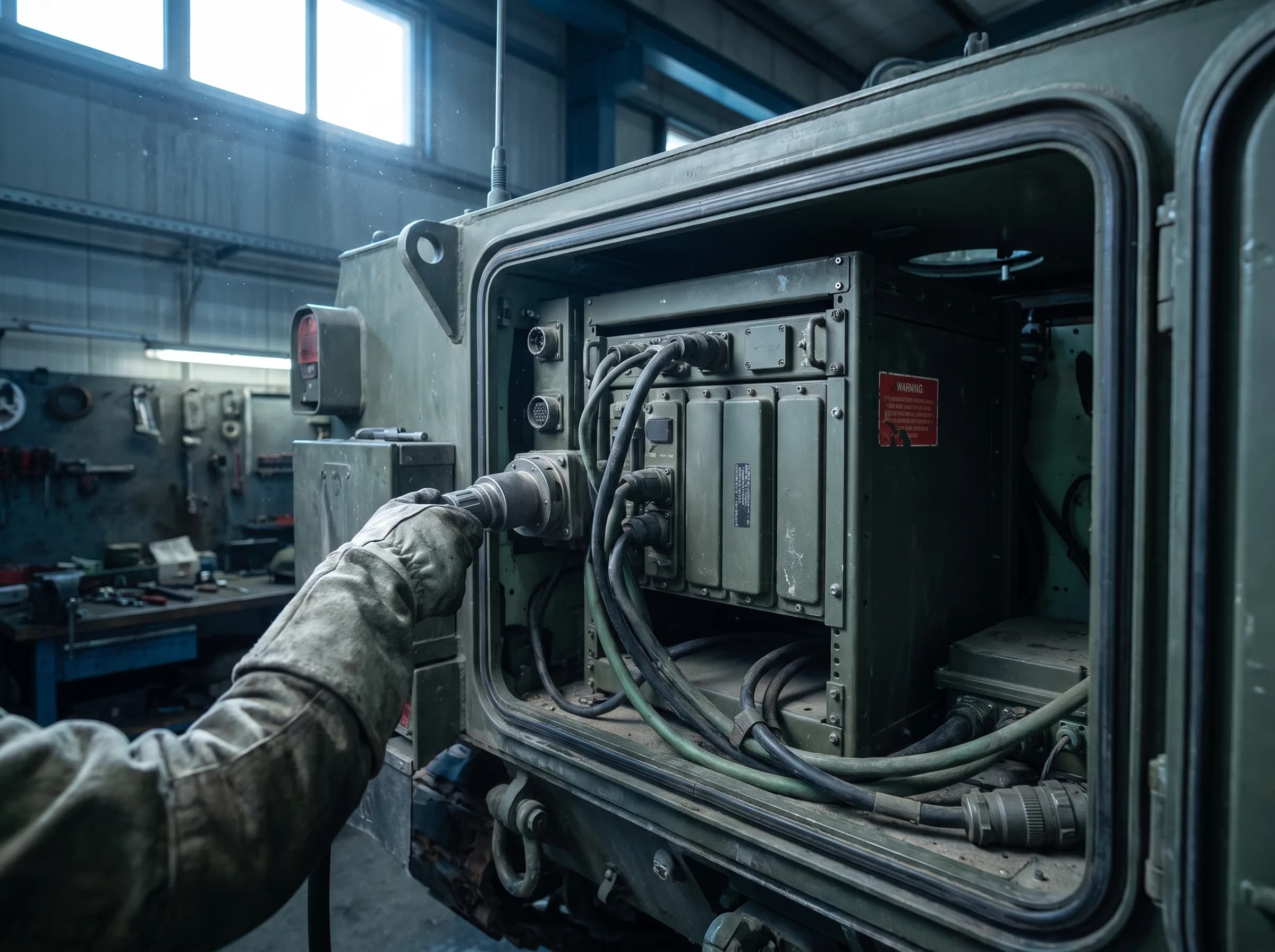 Vano elettronico di un veicolo militare con rack rugged e cablaggio, in officina