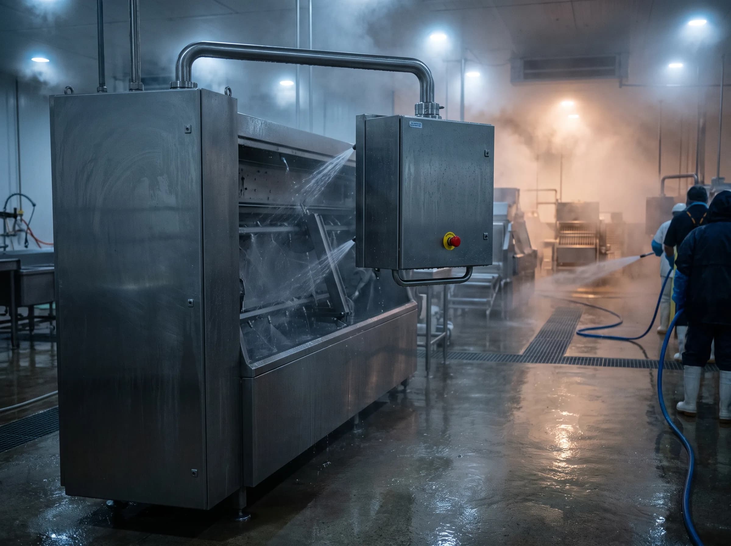 Pannello operatore a bordo macchina in un reparto di lavaggio, con getti d'acqua e superfici bagnate