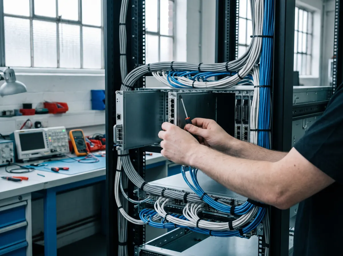 Tecnico al lavoro sul cablaggio di un armadio rack industriale